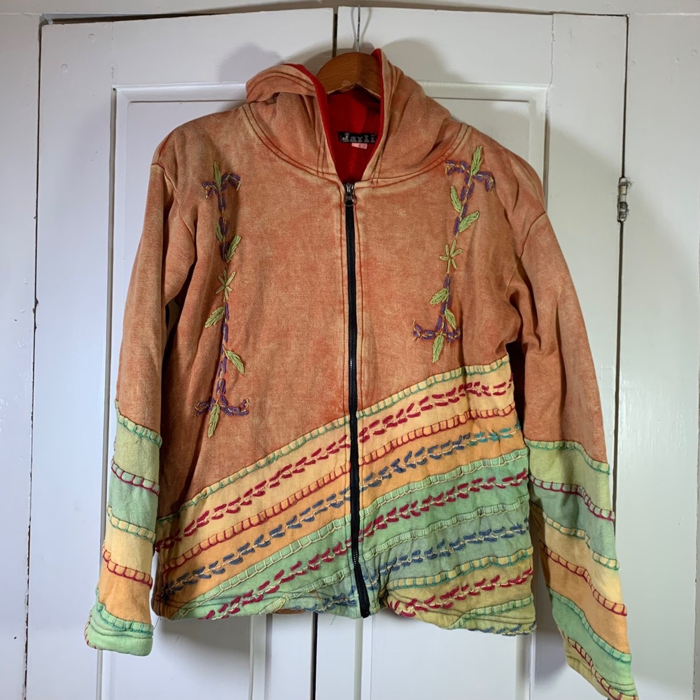 Laxmi Womens Boho Embroidered Zip Up Hoodie Orange Mineral Wash Nepal Cotton S